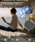 Portable Magnetic Cruise Fan With 12000mAh Battery Three Speed Settings Led Lantern And Digital Timer That Sticks Tough To Metal Surfaces And Keeps Your Cabin Cool Without Breaking A Sweat On Voyages, showing speed settings and a user reading.