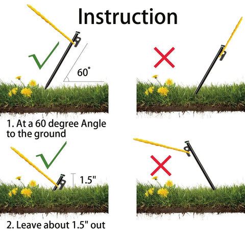 Heavy Duty Tent Stakes Kit With Hammer And Pouch, 12-Pack 10-Inch Forged Steel Stakes For Rocky Ground setup instruction image