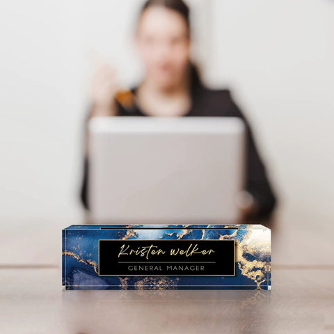 Personalized Acrylic Desk Plate With Your Name In Blue Coast Finish Custom Desk Nameplate For Office Decor