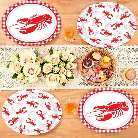 Rad Lobster Themed Oval Paper Plates 12 By 10 Inch 50 Pack Disposable Seafood Boil Dishes with red lobster design on a table.