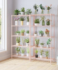 Professional Heavy Haul Five Tier Adjustable Wire Shelving Rack With Beefy Carbon Steel Frame And Drop In Leveling Feet For Kitchen Garage Pantry Setup Pink filled with various plants and flowers.