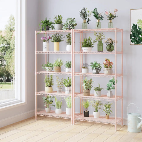 Professional Heavy Haul Five Tier Adjustable Wire Shelving Rack With Beefy Carbon Steel Frame And Drop In Leveling Feet For Kitchen Garage Pantry Setup Pink filled with various plants and flowers.