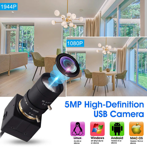 USB Camera 5MP Webcam With 5-50mm Telephoto Manual Focus Lens And 10X Optical Zoom Perfect For Close Up And Distant Shots