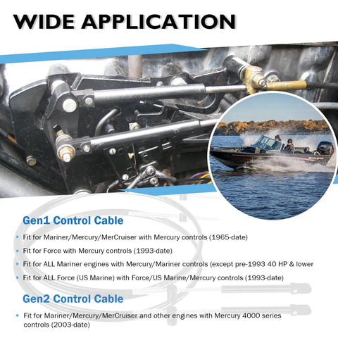 Image showing the Gen2 2-Pack Boat Throttle And Shift Cables for Mercury MerCruiser Force Outboard Engines with application details.