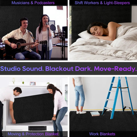 Heavy Duty 2 Pack Sound Dampening Blankets 48x80 Inches with Steel Grommets used by musicians and workers for noise control.