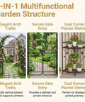 87 Inch Metal Garden Arch With Lockable Gate And Side Shelves Built Tough Arbor Trellis For Climbing Plants Outdoors Includes 6 Ground Stakes Decorative Entrance Archway For Patio And Lawn Black with trellis, gate, and shelves shown.