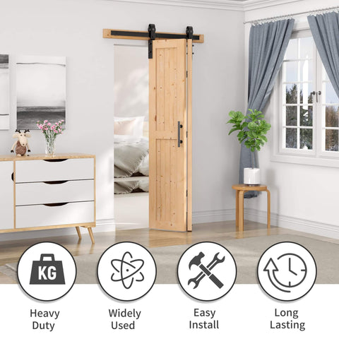 Bi-Fold Barn Door Set 48 By 84 Inches With 52 Inch Bifold Hardware Kit For Two Doors No Assembly No Fuss Setup Solid Spruce Wood Folding Doors And Double Sided Handle Pulls Included in a modern living room setting.