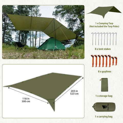 Big Ol 17x10 Ft Camping Tarp Shelter Waterproof UV-Resistant Rain Fly For Hammocks And Tents set up with green tent in forest