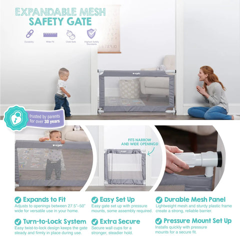 Extra Wide Mesh Baby Gate For Doorways And Hallways Expands From 27.5 To 50 Inches 28 Inches Tall Pressure Mounted For Toddlers And Pets Includes Rubber Bumpers Gray