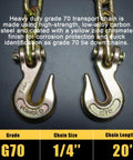 Close-up of Grade 70 transport binder chain with clevis grab hooks, showing 1/4 inch size and 20 ft length specification panel.