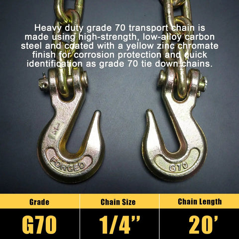 Close-up of Grade 70 transport binder chain with clevis grab hooks, showing 1/4 inch size and 20 ft length specification panel.