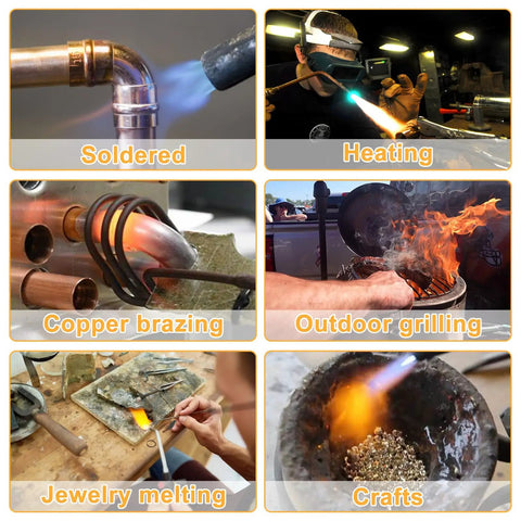 Heavy Duty Welding Torch With Adjustable Flame And Built In Igniter For MAPP Oxygen Or Propane, images of soldering, heating, brazing, grilling, jewelry repair, and crafts.