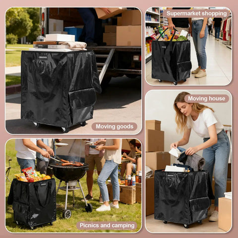 Heavy-Duty 70L Folding Rolling Tote Cart with four wheels and three handles, used for shopping and moving in various scenarios
