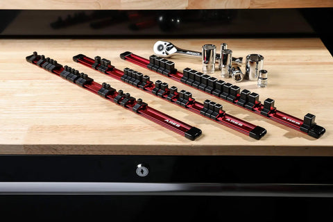 Three-Piece Aluminum Socket Organizer Rails For 1/4, 3/8, And 1/2 Inch Drives, Holds 48 Sockets, shown on a workbench.