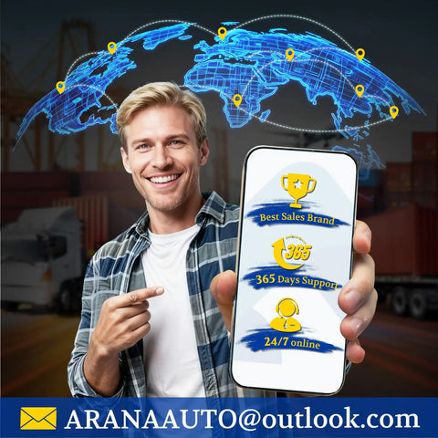 Smiling individual holding smartphone displaying customer service features, including support and sales brand icons, world map backdrop.