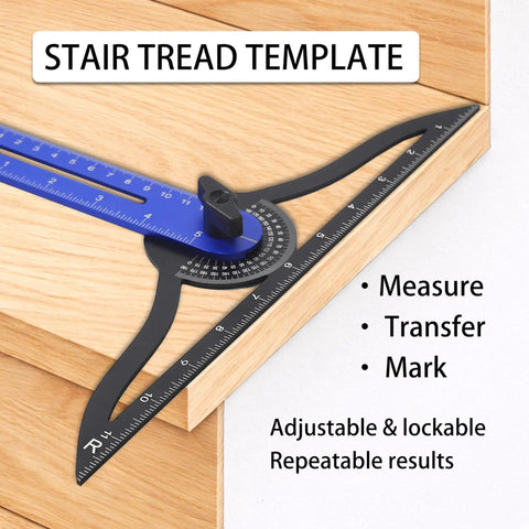 Solid Build Stair Tread Template Tool With Hella Precise Six Fold Measuring Jig for measuring angles on wood surfaces.