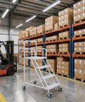 Heavy Duty Four Step Rolling Ladder With Secure Handrails Built Different For Warehouse Spaces Rock Solid Eight Hundred Eighty Pound Capacity Premium Cold Rolled Steel in warehouse with boxes.