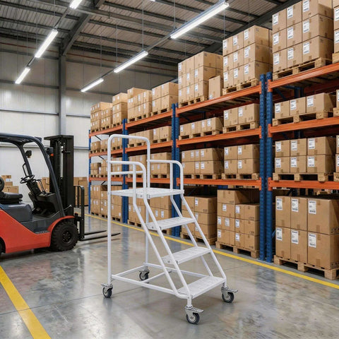 Heavy Duty Four Step Rolling Ladder With Secure Handrails Built Different For Warehouse Spaces Rock Solid Eight Hundred Eighty Pound Capacity Premium Cold Rolled Steel in warehouse with boxes.