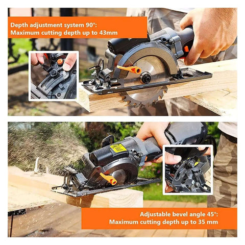 Hardcore Mini Circular Saw Kickin Up Smooth Cuts With 5.8 Amp Motor And 3500 RPM Speed features depth adjustment cutting through wood.