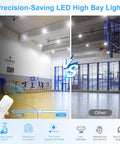 Comparison of a lit indoor gym showing 480V 200W UFO LED High Bay Light For Warehouses, 28,000 Lumens, 5000K Cool White effectiveness.