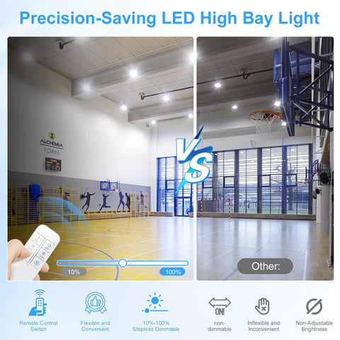 LED High Bay Light 240W 36000LM 5000K Dimmable With Remote Control ETL Listed IP65 in a gym comparison view