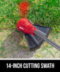 Cordless 40V String Trimmer And 460 CFM Leaf Blower Combo Kit showing 14 inch cutting swath in grassy area.
