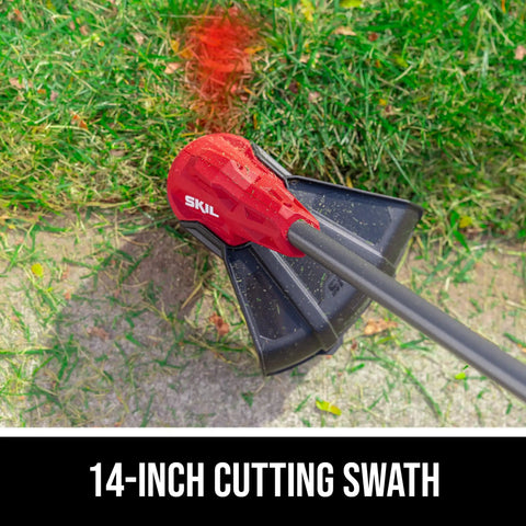 Cordless 40V String Trimmer And 460 CFM Leaf Blower Combo Kit showing 14 inch cutting swath in grassy area.