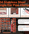 560 Piece Stepless Single Ear Hose Clamp Kit With Pliers in box, 304 stainless steel, shown with tools and labels
