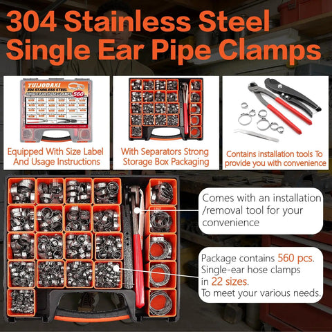 560 Piece Stepless Single Ear Hose Clamp Kit With Pliers in box, 304 stainless steel, shown with tools and labels