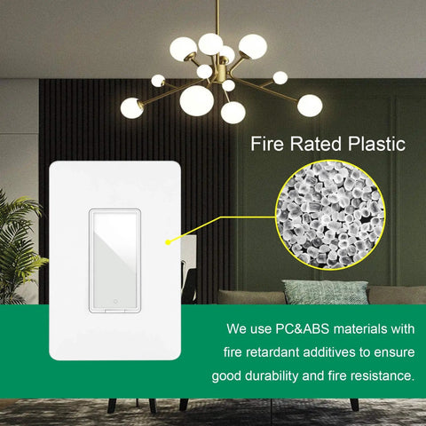 No Neutral Needed Smart Light Switch 2 Pack for Alexa and Google Home Voice Control Ready, showing fire rated plastic material