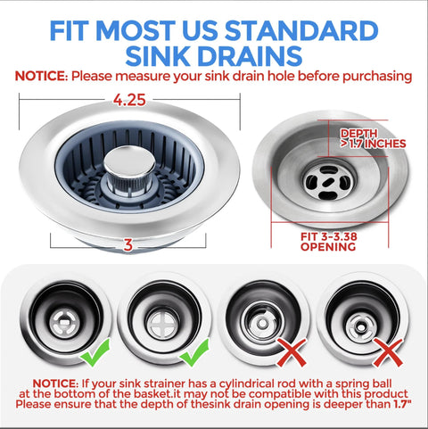 Sink drain strainer, front view, silver stainless steel, 3-in-1 basket, fits 3.5 in US standard sink hole