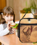 Desert Camel Train Insulated Lunch Bag For Women And Men Portable Cooler Tote next to a child having lunch at a table.