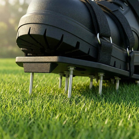 Close-up of Heavy Duty Lawn Aerator Shoes With Stainless Steel Nails, Adjustable Straps That Fit Any Shoes, on grass