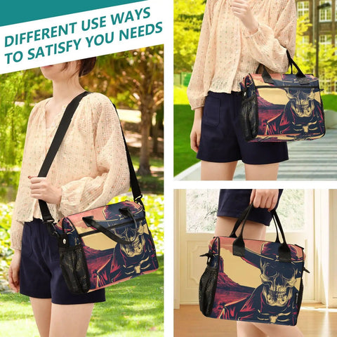 Woman holding Skeleton Cowboy Desert Red Large Cooler Bag for Women Portable Leakproof Insulated Lunch Tote with shoulder straps.