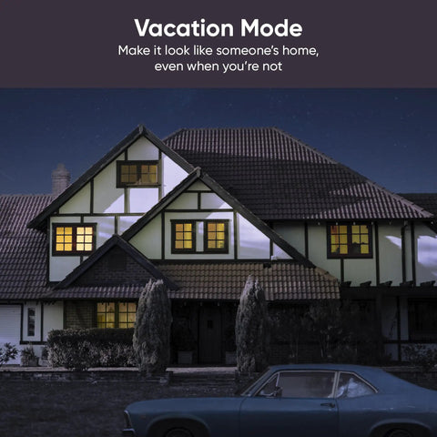 Tudor-style house with lights on in vacation mode, promoting Two Pack 2.4GHz WiFi Smart Plugs For Hands Free Voice Control, Works With Alexa And Google Assistant, IFTTT Compatible, No Hub Needed, White, Compact Sockets For Easy Power On And Off.