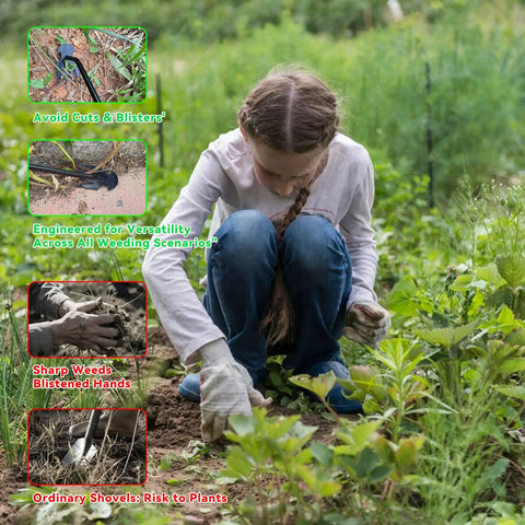 Ergonomic Weed Puller Tool For Easy Garden Weeding Adjustable Length 13.3 To 19.8 Inches Portable Grab-And-Go Hand Weed Remover With Stainless Steel Shaft And Comfortable Grip For Less Strain, used in a garden