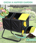 37 Gallon Garden Compost Tumbler With 360 Degree Rotation Dual Bin System in use, showing composting of kitchen waste with durable frame.