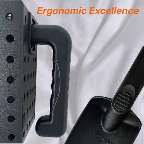 Close-up of black All In One Beach Shovel And Sand Sifter Set, showcasing ergonomic handle and sifter holes against white background.