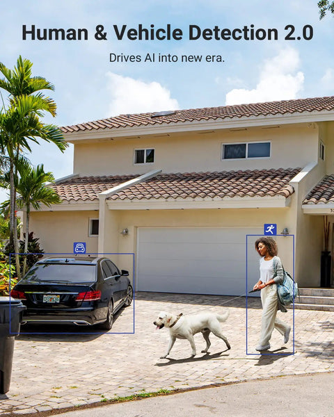 Residential area with a parked car, a person walking a dog in front of a house, demonstrating AI motion detection capabilities.