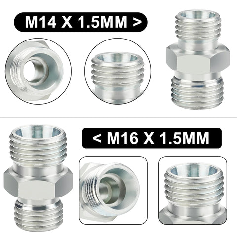 4-pack M14 x 1.5mm to M16 x 1.5mm hydraulic adapters, metal DIN-style fittings for mini excavator hoses (Amazon)