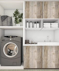 Laundry room cabinets with wood peel and stick wallpaper plank vinyl roll for walls self adhesive shiplap look vintage rustic home decor DIY renovation 17.7 by 393 inches easy install no fuss.