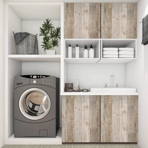 Laundry room cabinets with wood peel and stick wallpaper plank vinyl roll for walls self adhesive shiplap look vintage rustic home decor DIY renovation 17.7 by 393 inches easy install no fuss.