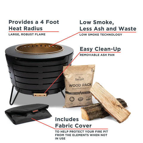 Smokeless 25 Inch Wood Burning Outdoor Fire Pit With Removable Ash Pan, Sturdy Stand And Cover Shown With Accessories