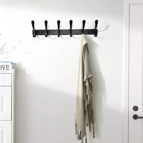 Wall Mounted Coat Rack With Six Heavy Duty Hooks Stainless Steel Metal Hanger Sturdy Coat Rack For Coats Jackets Hats Bags Space Saving Black Finish For Small Spaces In Any Room