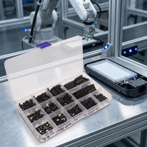 Badass Black Nylon Hex Standoff Hardware Kit With Tight Screws Nuts And Washers Plus Slick Storage Case open on table with components organized.