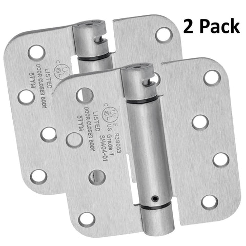 Four Inch Spring Loaded Self Closing Hinges With Five Eighth Inch Radius Corners Heavy Duty For Interior Or Exterior Doors Quiet Auto Close Action Two Pack Satin Nickel Finish Adjustable Closing Force Fits Doors One And Three Quarters Inch Thick