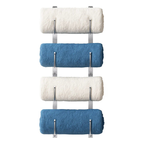 4 Tier Wall Mounted Towel Rack Organizer For Towels Blankets And Bath Sheets Space Saving Storage For Small Bathrooms RV Closets Cabinets With Adjustable Width Silver Finish And Easy Access with blue and white towels