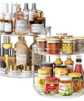 Two-tier clear acrylic Lazy Susan organizer on a metal frame, 9.25-inch diameter, for cabinets and countertops.
