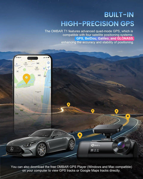 4K Triple Dash Cam System With Dual 1080P Cameras, displayed with GPS navigation on smartphone, car, and scenic road map.