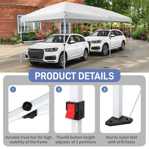 10x20 Pop Up Canopy With Sidewalls And Carry Bag Easy Up Screened Gazebo, shown with cars, durable frame, adjustable height.